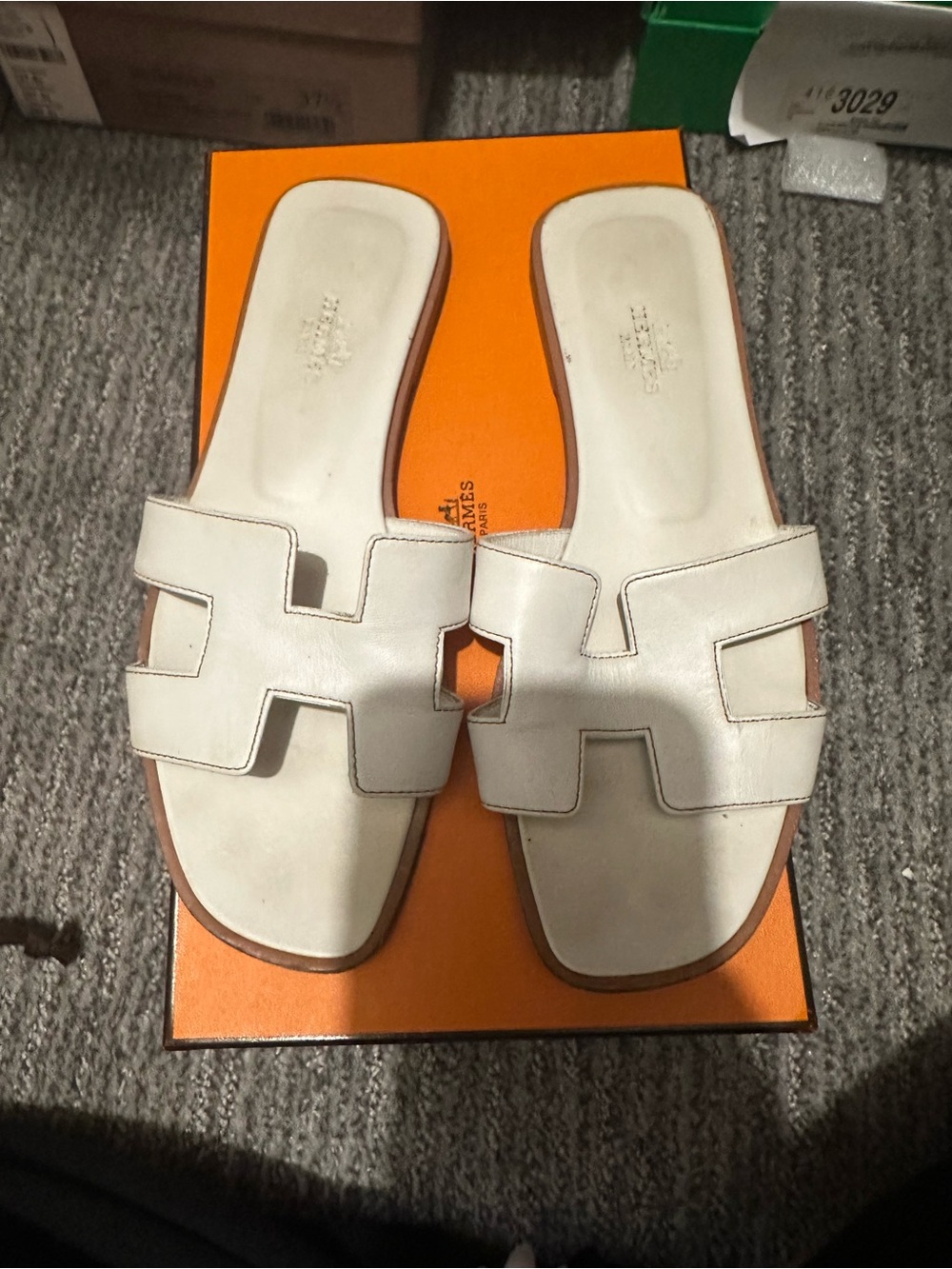 Hermes White Leather H Slide Sandals